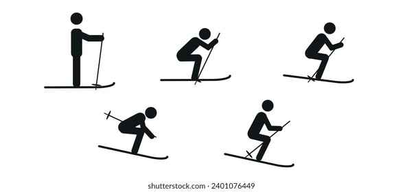 man on skis, winter sport, a set of human figures in different poses on skis, pictogram, flat illustration, isolated on a white background