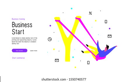 Man on Slingshot of commerce space. Human analysis work and develop trade talent. Learning managers. Good ideas with full color design in awesome style. Vector isolated illustration.