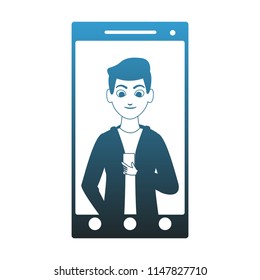 Man on smartphone screen blue lines