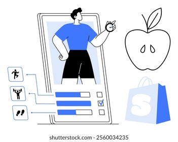 A man on a smartphone screen with workout options shown. An apple and shopping bag beside. Ideal for healthy living, fitness tracking, mobile apps, workout planning, nutrition management. Simple