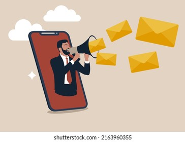 Man on smartphone using megaphone to send flying email newsletter online. Email marketing campaign, subscription newsletter or online announcement to customer, digital advertising.