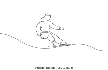 Man on Snowboard Continuous One Line Drawing. Snowboarder Simple Linear Illustration. Winter Sport Abstract Concept in Editable Stroke. Activity Lifestyle Doodle Contour Vector Illustration. Not AI