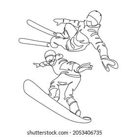 Hombre en snowboard, esquiando un vector de una línea