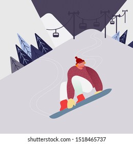 Man on snowboard in the snow Mountains, Winter sport people character silhouettes activities. Active rest snowboarding. Vector illustration