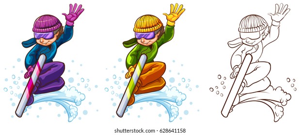 Man on snowboard in three different drawing styles illustration