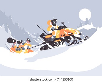 Man on snowmobile drives children. Winter fun in snow. Vector illustration