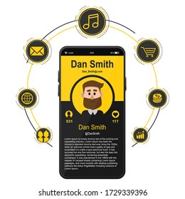 Man on a social network. Smartphone with an account in a social network with mkonkami. Set of icons for sites. Vector illustration. Vector template with a smartphone.