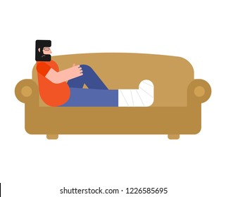 Man on sofa with broken leg isolated. 
