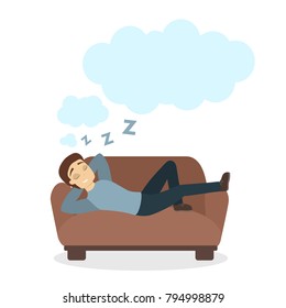 Man on sofa dreaming. White empty clouds.