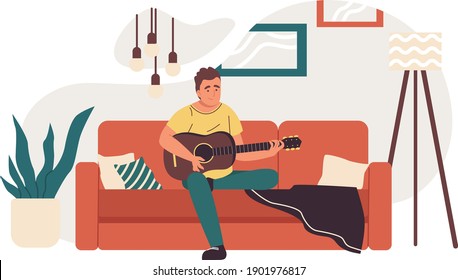 Man on the sofa with guitar. Flat design illustration. Vector