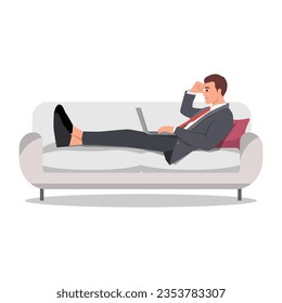 Man on the sofa with laptop. Businessman work at home. Freelancer. Learn online on a computer sitting on sofa wearing suit. Flat vector illustration isolated on white background