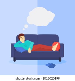 Man on sofa laying and dreaming. White bubble.