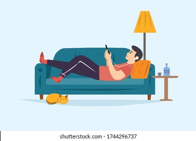 Man on the sofa relaxing while listening to music on smartphone  Vector