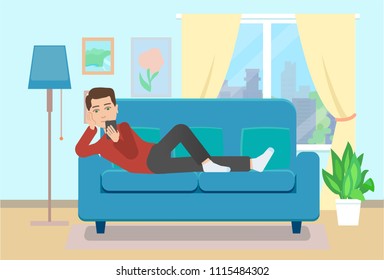 Man on sofa with smartphone at home. Flat style