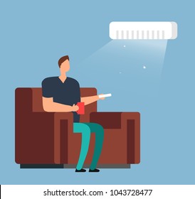 Man on sofa under air conditioning. Room climate control vector concept. Air conditioner and conditioning climate room, cold and fresh control illustration