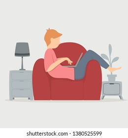 man on sofa using laptop - vector