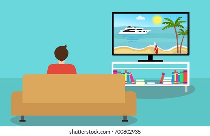 Man on the sofa watching television. Home furniture and tv screen vectors. Flat design illustration.