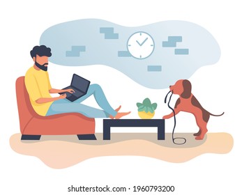 Man on sofa working from home with a laptop with dog. Flat vector illustration of young professional in yellow top. Concept for stay at home indoor job remote work during COVID-19