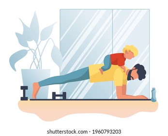 Man on sofa working from home with a laptop with dog. Flat vector illustration of young professional in yellow top. Concept for stay at home indoor job remote work during COVID-19