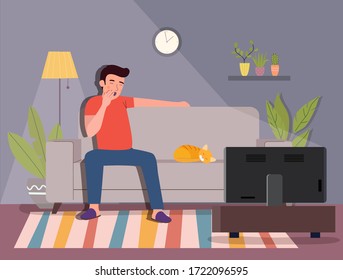 Man on the sofa yawning and and watching tv.  Vector flat style illustration.