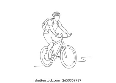 Homem em turnê solo de bicicleta. Biking tours conceito desenho de uma linha