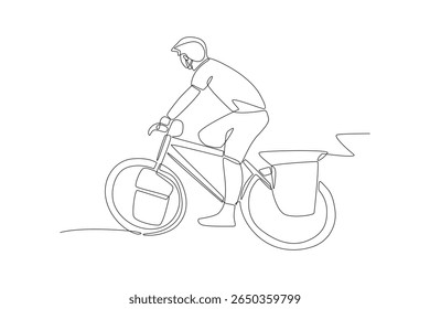 Man on solo touring by bicycle. Biking tours concept one-line drawing