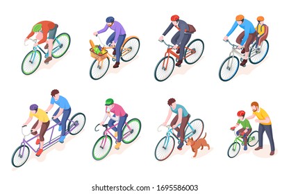 Man on sport bike and father with child or kid on bicycle. Adult men on double wheel and pedal transport with grocery. Biking and travel, exercise or tour vector illustration. Speed, race, road, ride