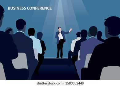 Man on Stage in front Audience Conducts Business Training. Business Conference. Vector Illustration. Man Holds Lecture. Standing in front Audience. Stand on Stage in front People. Live Broadcast.