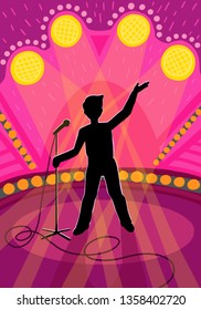 Man on stage with a microphone. TV show. Performance in a tester. Vector illustration.