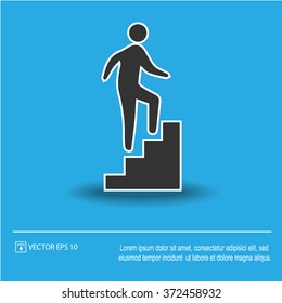 Man on stairs going up icon on blue background. Man on stairs symbol. Vector illustration EPS 10.
