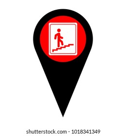 Man on Stairs going up sign. Vector. Flat white icon in red circle at black marker on white background. Isolated.