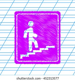 Man on Stairs going up sign. Violet scribble icon with school paper.