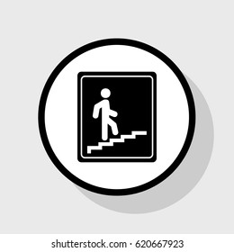 Man on Stairs going up sign. Vector. Flat black icon in white circle with shadow at gray background.