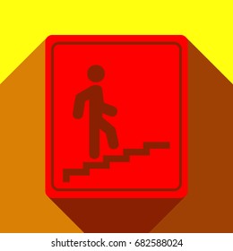 Man on Stairs going up sign. Vector. Red icon with two flat reddish shadows on yellow background.