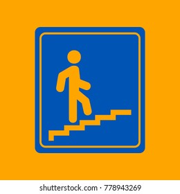 Man on Stairs going up sign. Vector. Medium teal blue icon on orange background.