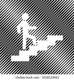 Man on Stairs going up. Vector. Icon. Hole in moire background.