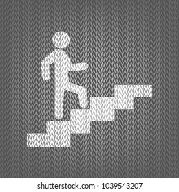 Man on Stairs going up. Vector. White knitted icon on gray knitted background. Isolated.