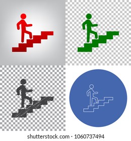 Man on Stairs going up. Vector. 4 styles. Red gradient in radial lighted background, green flat and gray scribble icons on transparent and linear one in blue circle.