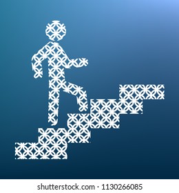 Man on Stairs going up. Vector. White textured icon at lapis lazuli gradient background.