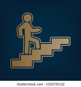 Man on Stairs going up. Vector. Golden icon and border at dark cyan background.