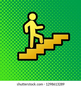 Man on Stairs going up. Vector. Pop art orange to yellow dots-gradient icon with black contour at greenish background.