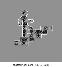 Man on Stairs going up. Vector. Black maze filled icon with white border at gray background.