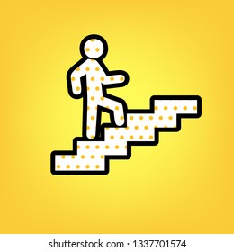 Man on Stairs going up. Vector. Yellow polka dot white icon with black contour at warm yellow background.