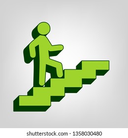 Man on Stairs going up. Vector. Yellow green solid icon with dark green external body at light colored background.