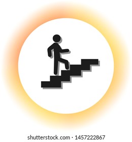 Man on Stairs going up. Dark icon with shadow on the glowing circle button. Illustration.