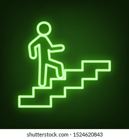 Man on Stairs going up. Green neon icon in the dark. Blurred lightening. Illustration.