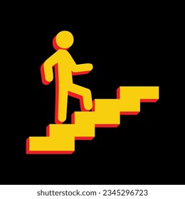 Man on Stairs going up. 3D Extruded Yellow Icon with Red Sides a Black background. Illustration.
