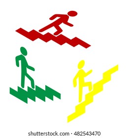 Man on Stairs going up. Isometric style of red, green and yellow icon.