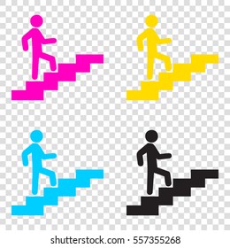 Man on Stairs going up. CMYK icons on transparent background. Cyan, magenta, yellow, key, black.