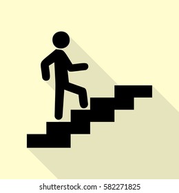 Man on Stairs going up. Black icon with flat style shadow path on cream background.